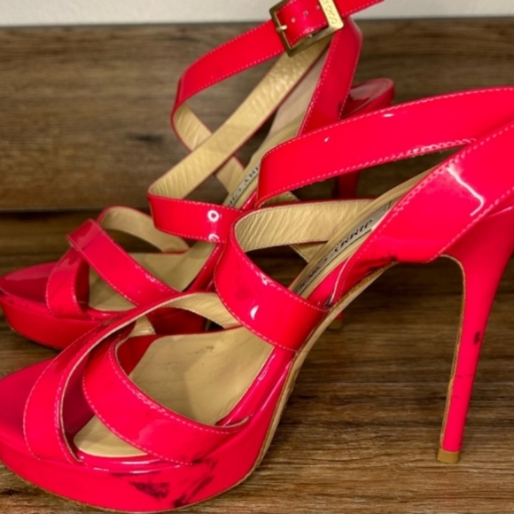 JIMMY CHOO “Louisa" Fuchsia Pink Strappy Platform Sandals Shoes Size 39 8.5M US - Picture 3 of 14